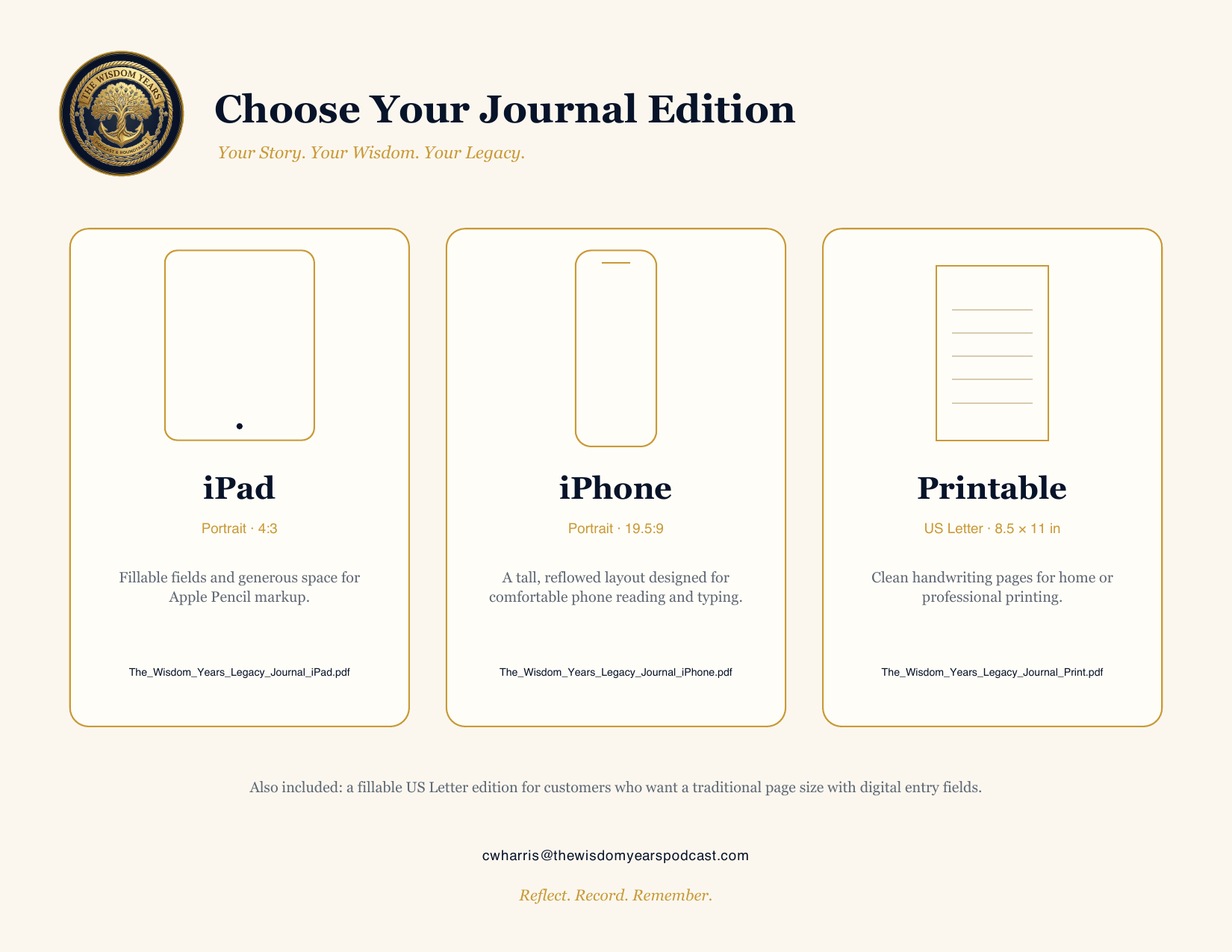 Wisdom Years Legacy Journal editions for iPad, iPhone, and printable use